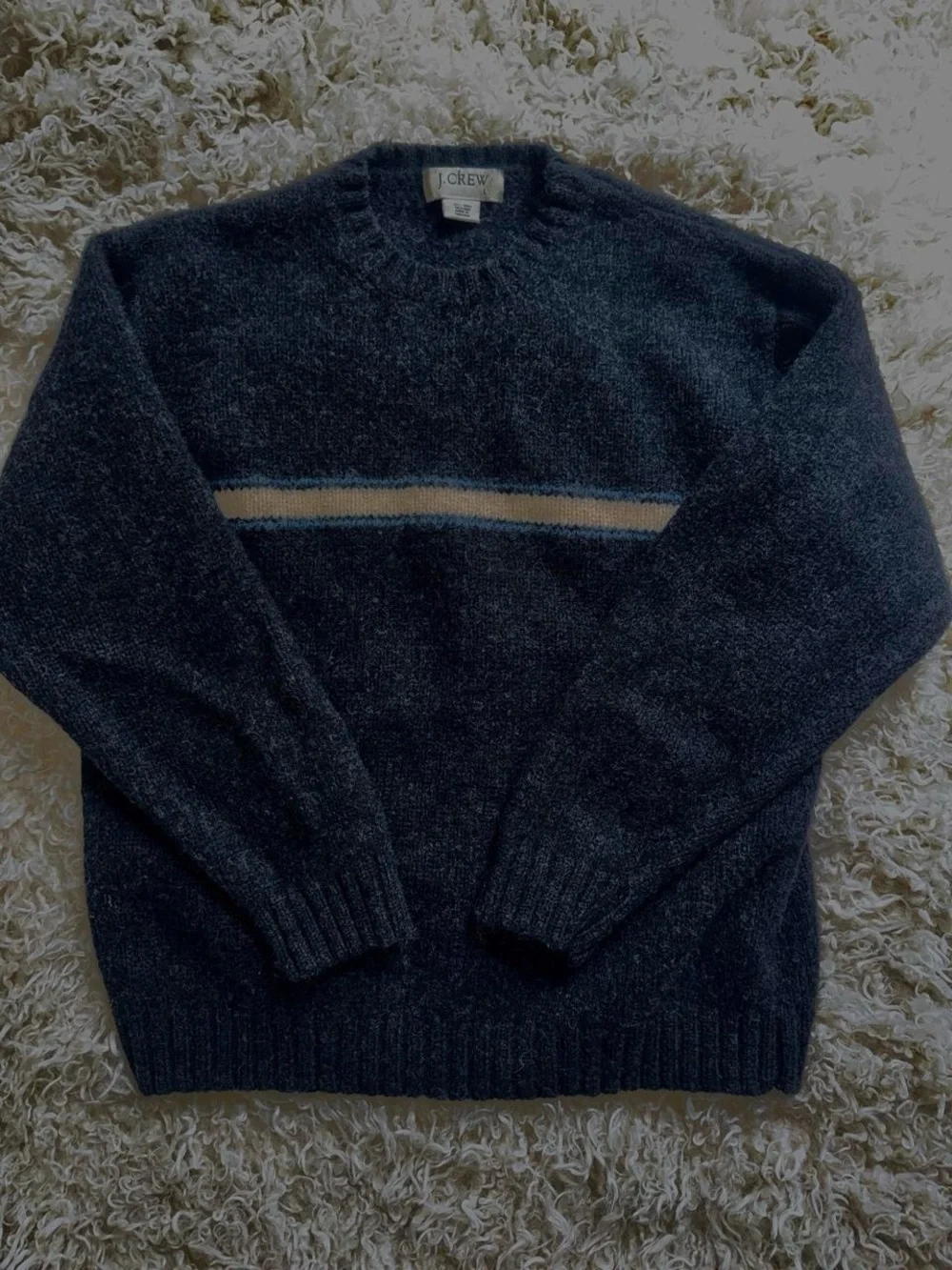 J. Crew Men's Dark Gray Wool Crewneck Sweater with Cream Stripe